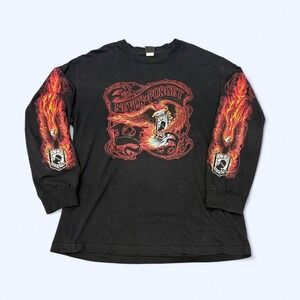 Vintage Y2K Hot Leathers biker long sleeve t-shirt with POW MIA and sleeve flame